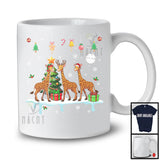 Three Reindeer Santa Elf Giraffe; Cheerful Christmas Lights Giraffe; X-mas Animal Lover T-Shirt