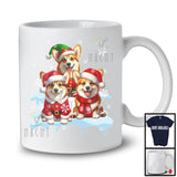 Three Santa Elf Corgis On Snow; Adorable Christmas Snowing Dog; Family X-mas Group T-Shirt