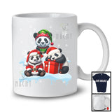 Three Santa Elf Pandas On Snow; Adorable Christmas Snowing Panda Lover; Family Group T-Shirt