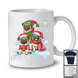 Three Santa Elf Pugs On Snow; Adorable Christmas Snowing Dog; Family X-mas Group T-Shirt