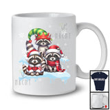 Three Santa Elf Raccoons On Snow; Adorable Christmas Snowing Raccoon Lover; Family Group T-Shirt