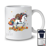 Turkey Riding Unicorn; Humorous Thanksgiving Autumn Leaves Unicorn; Pumpkin Family Group T-Shirt