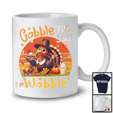 Vintage Retro Gobble Til You Wobble, Joyful Thanksgiving Pilgrim Turkey Eating Pie, Dinner T-Shirt
