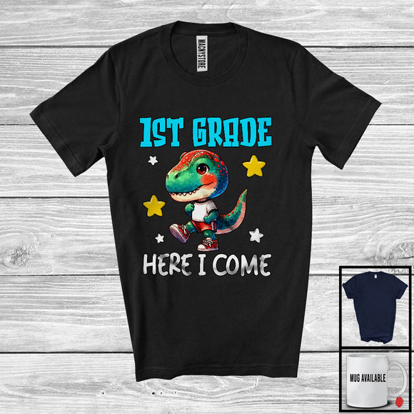 MacnyStore - 1st Grade Here I Come; Colorful Back To School T-Rex Dinosaurs; Boys Students Group T-Shirt