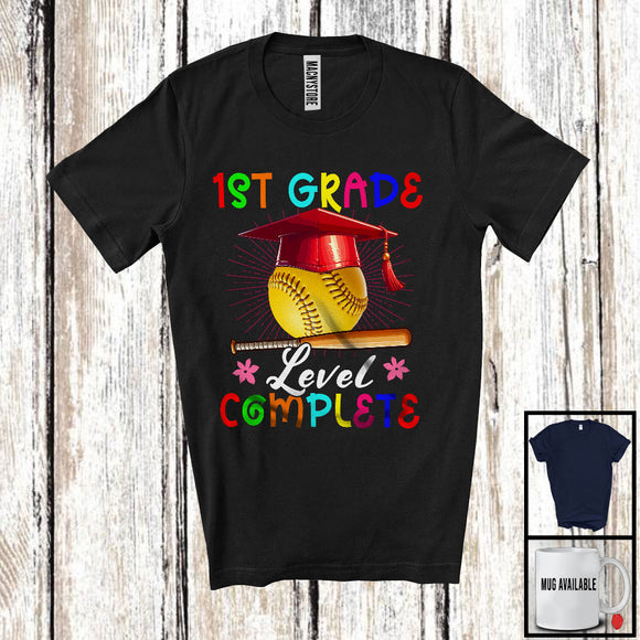 MacnyStore - 1st Grade Level Complete, Joyful Last Day Of School Softball Player Playing, Girls Students Group T-Shirt