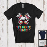 MacnyStore - 1st Grade Vibes, Adorable Back To School Messy Bun Hair Girl Sunglasses, Students Group T-Shirt