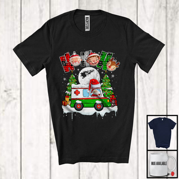 MacnyStore - 3Ho; Amazing Christmas Plaid Santa Driving Ambulance Driver; X-mas Moon Tree Snowing T-Shirt