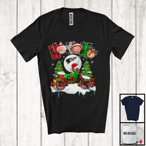 MacnyStore - 3Ho; Amazing Christmas Plaid Santa Driving Dirt Bike Biker; X-mas Moon Tree Snowing T-Shirt