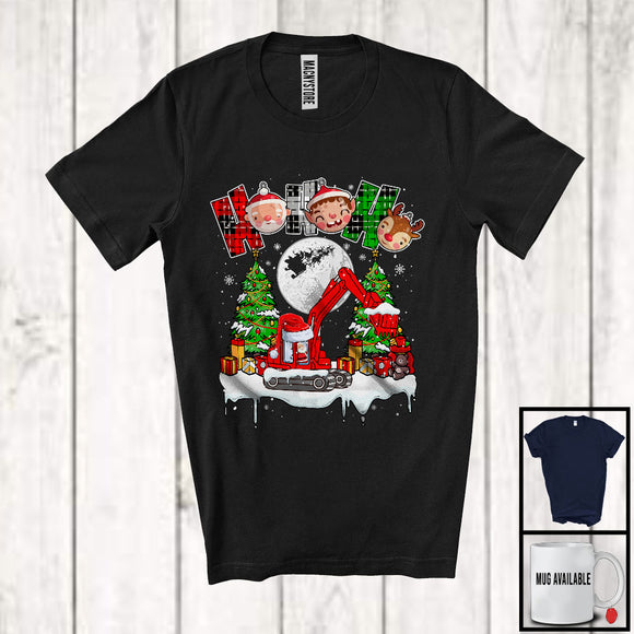 MacnyStore - 3Ho; Amazing Christmas Plaid Santa Driving Excavator Driver; X-mas Moon Tree Snowing T-Shirt