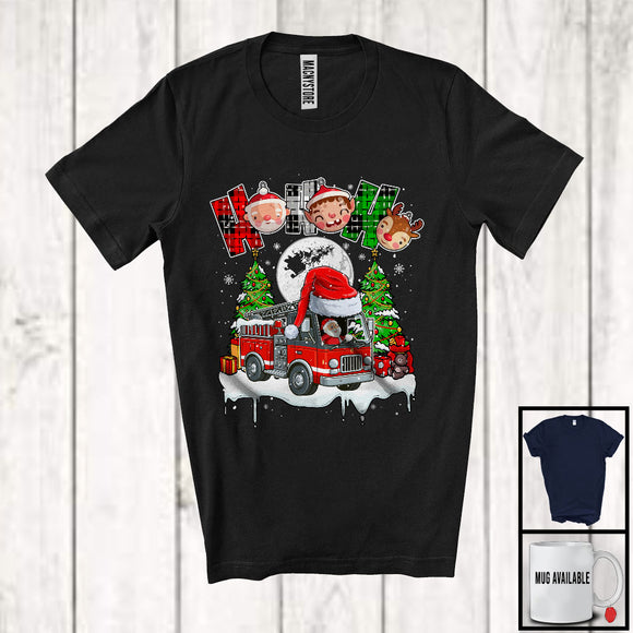 MacnyStore - 3Ho; Amazing Christmas Plaid Santa Driving Fire Truck Driver; X-mas Moon Tree Snowing T-Shirt