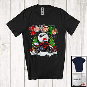 MacnyStore - 3Ho; Amazing Christmas Plaid Santa Driving Motorbike Biker; X-mas Moon Tree Snowing T-Shirt