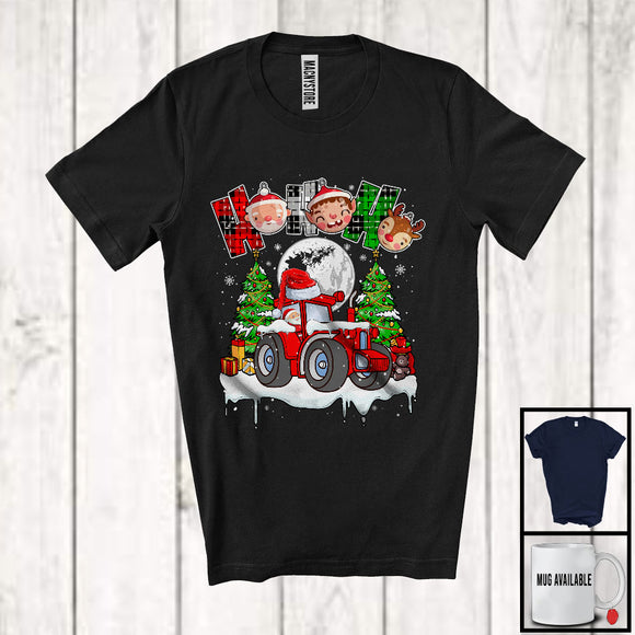 MacnyStore - 3Ho; Amazing Christmas Plaid Santa Driving Tractor Driver Farmer; X-mas Moon Tree Snowing T-Shirt