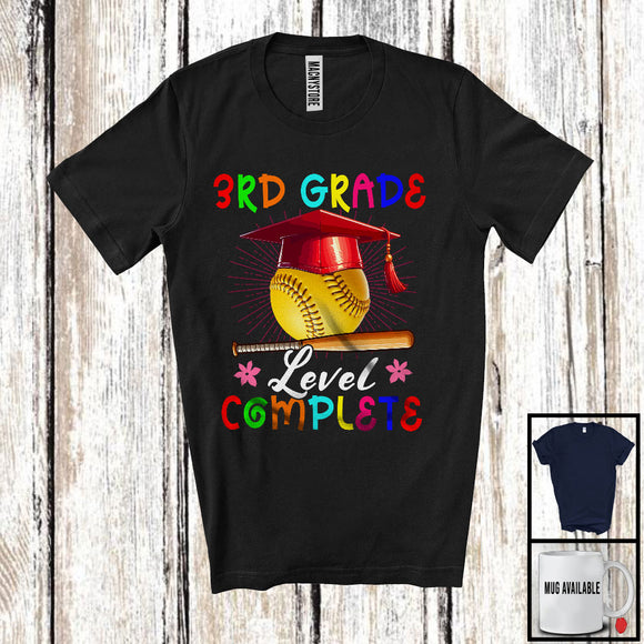 MacnyStore - 3rd Grade Level Complete, Joyful Last Day Of School Softball Player Playing, Girls Students Group T-Shirt