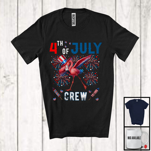 MacnyStore - 4th Of July Crew, Joyful Dabbing Flamingo American Flag Proud, Patriotic Friends Family Group T-Shirt