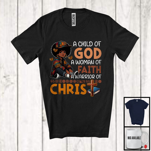 MacnyStore - A Child Of God A Woman Of Faith, Adorable Juneteenth Black History Afro Girl, African Pride T-Shirt