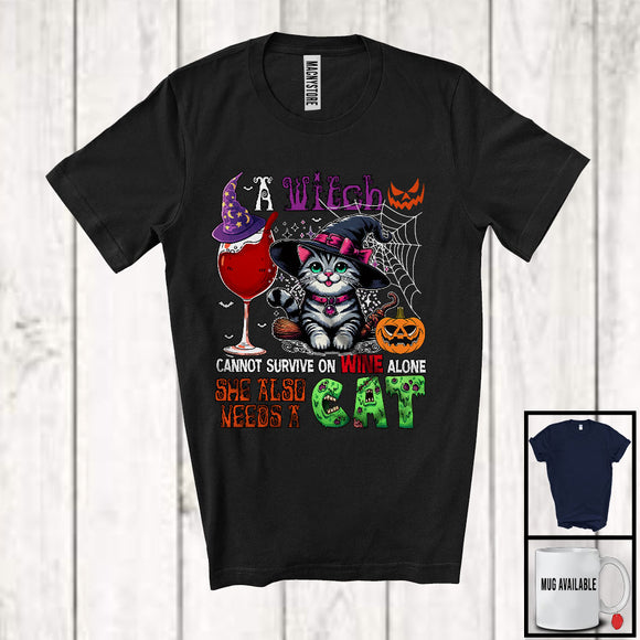 MacnyStore - A Witch Cannot Survive On Wine Alone Needs A Cat, Lovely Halloween Witch Cat, Drinking T-Shirt