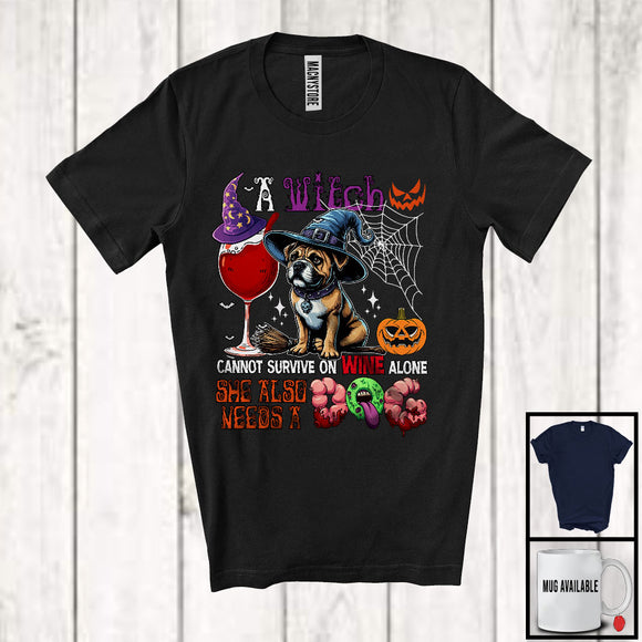MacnyStore - A Witch Cannot Survive On Wine Alone Needs A Dog, Lovely Halloween Witch Dog, Drinking T-Shirt
