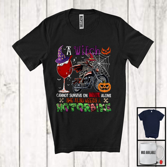 MacnyStore - A Witch Cannot Survive On Wine Alone Needs A Motorbike, Lovely Halloween Skeleton Biker, Drinking T-Shirt