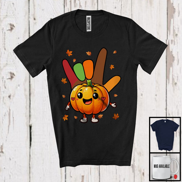 MacnyStore - ASL Pumpkin; Adorable Thanksgiving Hand Sign Language Fall Autumn Leaves; Family Group T-Shirt