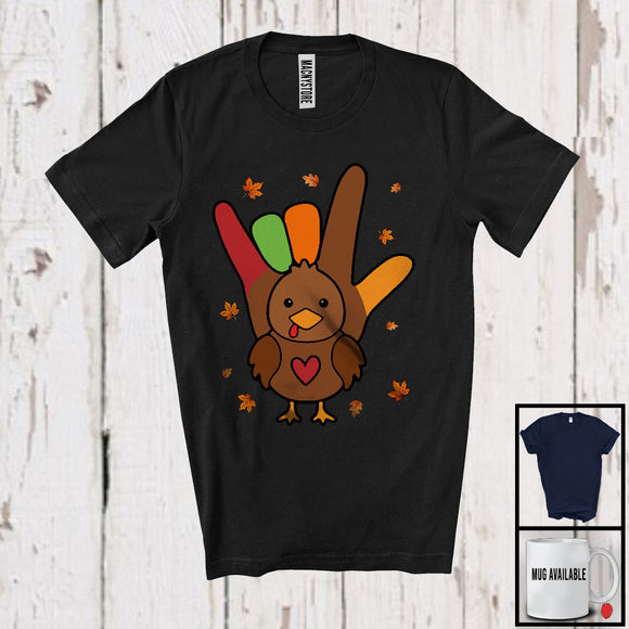 MacnyStore - ASL Turkey; Adorable Thanksgiving Hand Sign Language Fall Autumn Leaves; Family Group T-Shirt