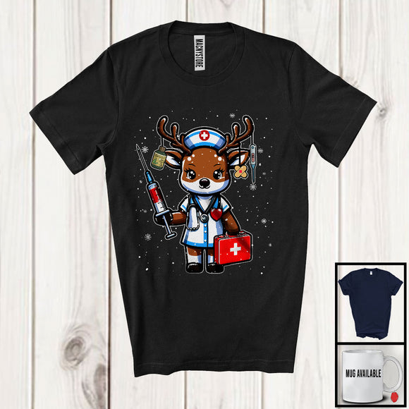 MacnyStore - Adorable Nurse Reindeer Lover; Fantastic Christmas Lights Santa Reindeer; Family Group T-Shirt