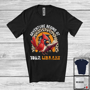 MacnyStore - Adventure Begins At Your Library, Adorable Summer Cardinal Bird Reading Book, Leopard Rainbow T-Shirt