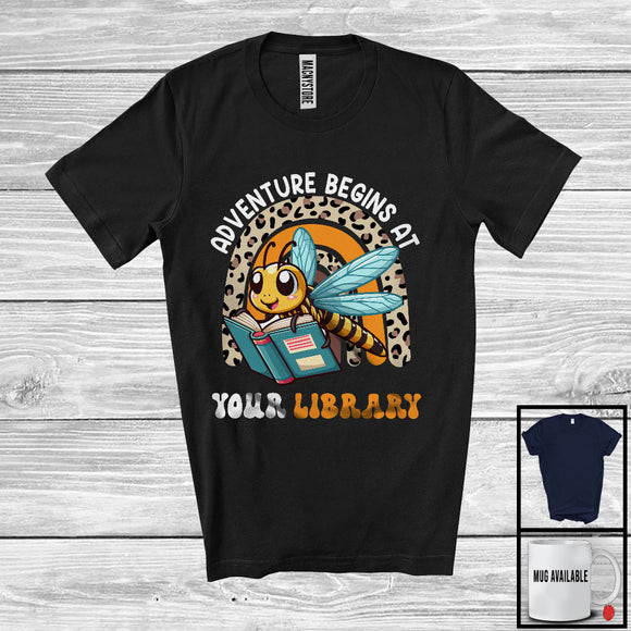 MacnyStore - Adventure Begins At Your Library, Adorable Summer Dragonfly Reading Book, Leopard Rainbow T-Shirt