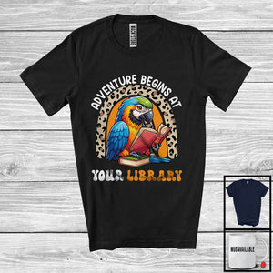 MacnyStore - Adventure Begins At Your Library, Adorable Summer Macaw Reading Book, Leopard Rainbow T-Shirt