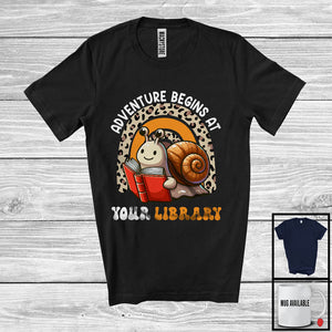 MacnyStore - Adventure Begins At Your Library, Adorable Summer Snail Reading Book, Leopard Rainbow T-Shirt