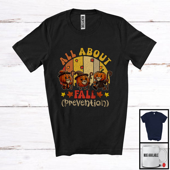 MacnyStore - All About Fall Prevention; Adorable Thanksgiving Three Pumpkin; Fall Autumn Leaves Vintage Retro T-Shirt