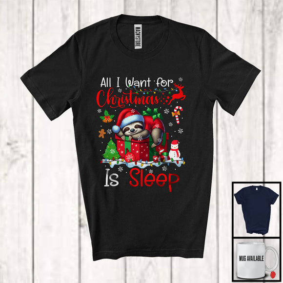 MacnyStore - All I Want For Christmas Is Sleep; Adorable X-mas Lights Santa Lazy Sloth Snowing; Zoo Animal T-Shirt