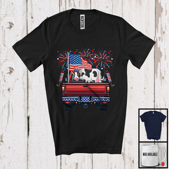 MacnyStore - American Flag Cow On Pickup Truck, Cheerful 4th Of July Fireworks, Farm Animal Farmer Patriotic T-Shirt