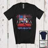 MacnyStore - American Flag Goat On Pickup Truck, Cheerful 4th Of July Fireworks, Farm Animal Farmer Patriotic T-Shirt