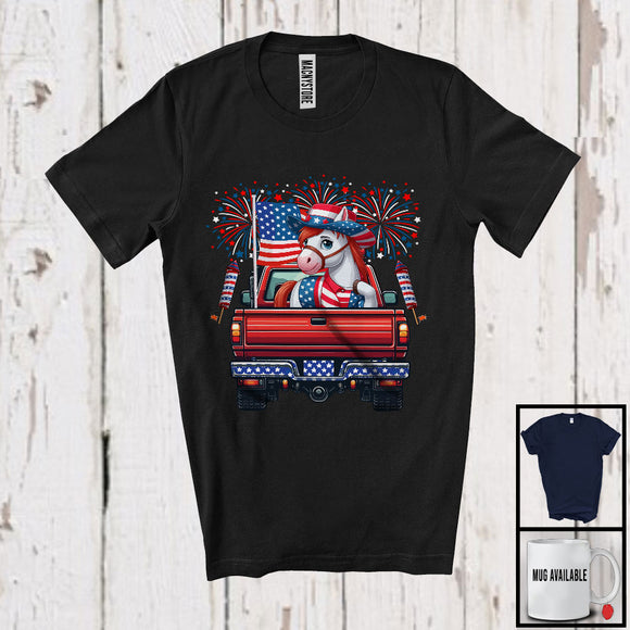 MacnyStore - American Flag Horse On Pickup Truck, Cheerful 4th Of July Fireworks, Farm Animal Farmer Patriotic T-Shirt