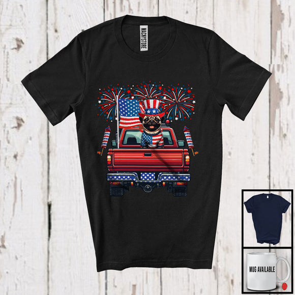 MacnyStore - American Flag Pug On Pickup Truck, Lovely 4th Of July Fireworks Firecrackers, Patriotic Group T-Shirt