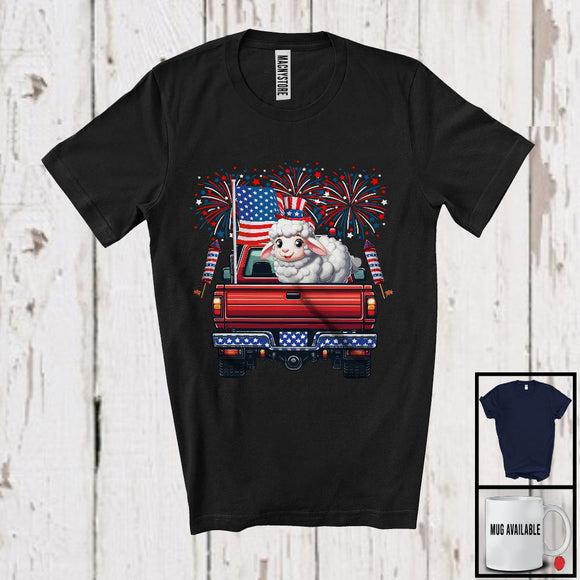 MacnyStore - American Flag Sheep On Pickup Truck, Cheerful 4th Of July Fireworks, Farm Animal Farmer Patriotic T-Shirt