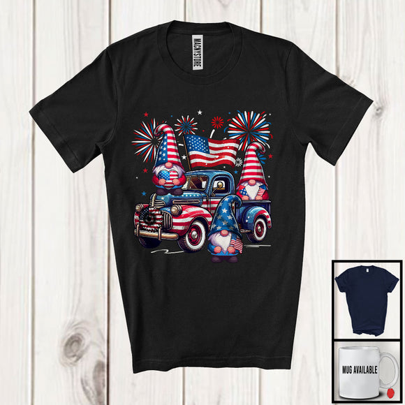 MacnyStore - American Flag Three Gnomes On Pickup Truck, Adorable 4th Of July Fireworks, Patriotic Squad T-Shirt