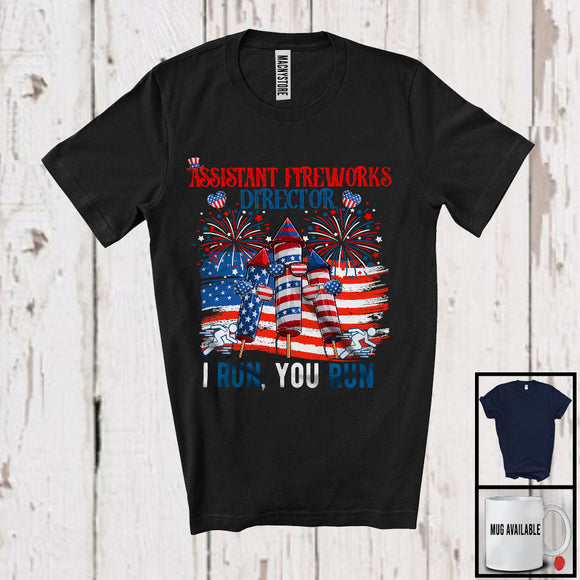 MacnyStore - Assistant Fireworks Director I Run You Run, Amazing 4th Of July US Flag Firecrackers, Patriotic T-Shirt