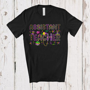 MacnyStore - Assistant Teacher; Joyful Mardi Gras Jester Hat Beads Pencil Assistant Teacher; Plaid Jobs Careers T-Shirt