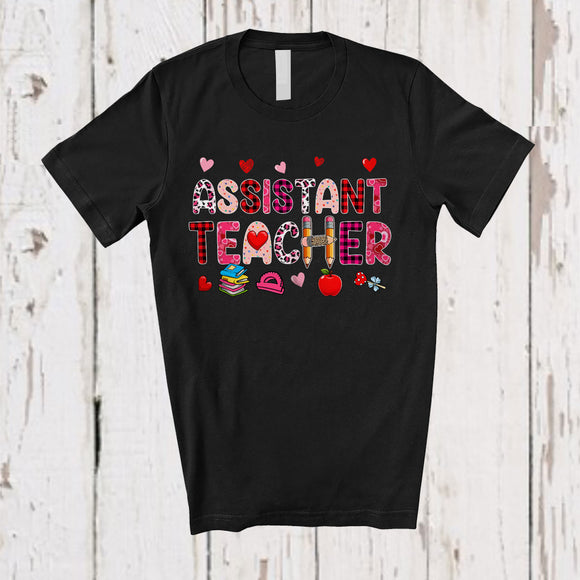 MacnyStore - Assistant Teacher; Lovely Valentine's Day Leopard Plaid Hearts; Proud Jobs Careers Family Group T-Shirt