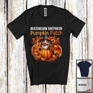 MacnyStore - Australian Shepherd Pumpkin Patch; Lovely Thanksgiving Dog In Pumpkin; Fall Leaves Flowers T-Shirt