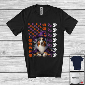 MacnyStore - Australian Shepherd Witch On American Flag, Adorable Halloween Pumpkin Paws, Patriotic Group T-Shirt