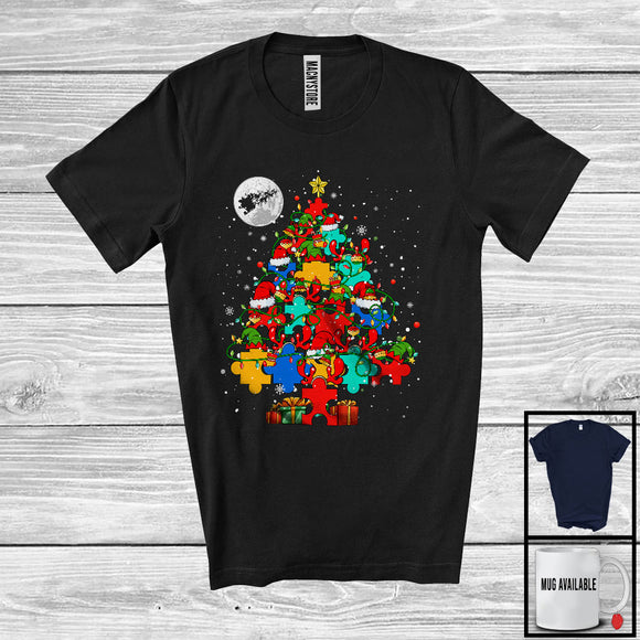 MacnyStore - Autism Puzzle Pieces Christmas Tree; Awesome X-mas Lights Autism Awareness; Family Group T-Shirt