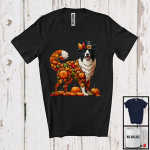 MacnyStore - Autumn Pumpkin Pilgrim Border Collie Shape; Wonderful Thanksgiving Fall Leaves Dog Owner T-Shirt