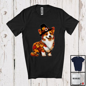 MacnyStore - Autumn Pumpkin Pilgrim Corgi Shape; Wonderful Thanksgiving Fall Leaves Dog Owner T-Shirt