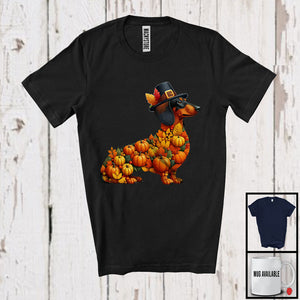 MacnyStore - Autumn Pumpkin Pilgrim Dachshund Shape; Wonderful Thanksgiving Fall Leaves Dog Owner T-Shirt