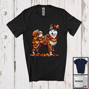 MacnyStore - Autumn Pumpkin Pilgrim Husky Shape; Wonderful Thanksgiving Fall Leaves Dog Owner T-Shirt