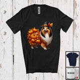 MacnyStore - Autumn Pumpkin Pilgrim Shetland Sheepdog Shape; Happy Thanksgiving Fall Leaves Dog Owner T-Shirt