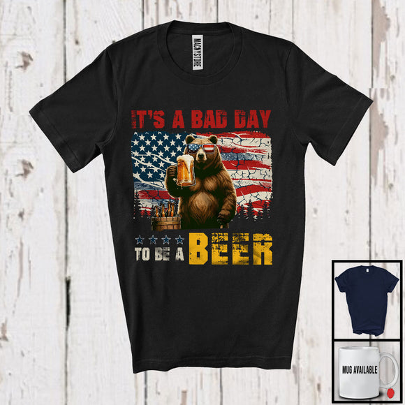 MacnyStore - Bad Day To Be A Beer, Humorous 4th Of July Bear Drinking Beer, Vintage US Flag Patriotic T-Shirt