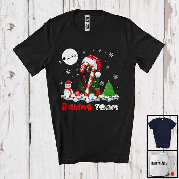 MacnyStore - Baking Team; Adorable Christmas Candy Cane Santa; X-mas Lights Snowing Baker Group T-Shirt